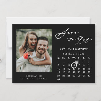 Modern Zwart Elegant Script Photo Save The Date Magnetische Uitnodiging