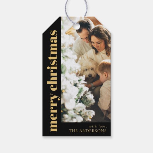 Modern zwart Elegant Vrolijk Kerstfeest Familiefot Cadeaulabel (Voorkant)
