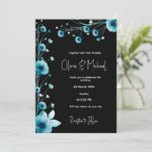 Modern zwart en blauw bloemenhuwelijk kaart (Staand voorkant)