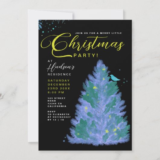 Modern zwart en blauw vrolijk kerstboomfeest kaart (Voorkant)