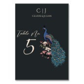 Modern Zwart en Blauwgroen Pauw Trouwtafel Nummer Kaart (Achterkant)