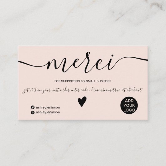 Modern zwart en blush orde Frans dank u Visitekaartje (Voorkant)