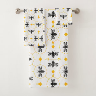 Modern zwart en geel bijenpatroon monogram bad handdoek