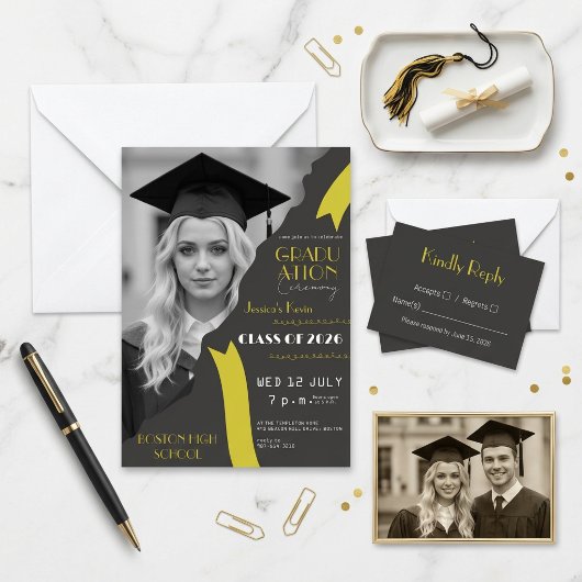 🎓 Modern zwart en geel eindexamen Kaart