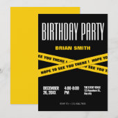 Modern zwart en geel verjaardagsfeestje kaart (Voorkant / Achterkant)