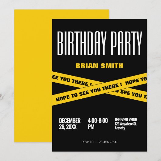 Modern zwart en geel verjaardagsfeestje kaart (Voorkant / Achterkant)