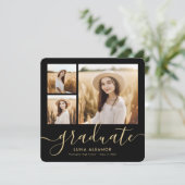 Modern zwart en Gold Script 4 Foto Afstuderen Aankondiging (Staand voorkant)