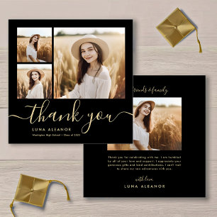 Modern zwart en Gold Script 4 Foto Afstuderen Bedankkaart