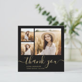 Modern zwart en Gold Script 4 Foto Afstuderen Bedankkaart (Staand voorkant)