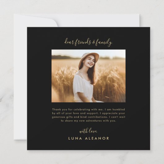 Modern zwart en Gold Script 4 Foto Afstuderen Bedankkaart (Achterkant)