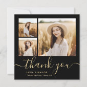 Modern zwart en Gold Script 4 Foto Afstuderen Bedankkaart (Voorkant)