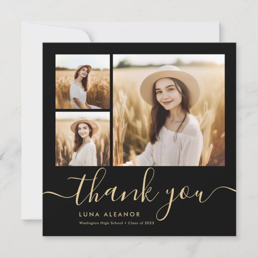 Modern zwart en Gold Script 4 Foto Afstuderen Bedankkaart (Voorkant)