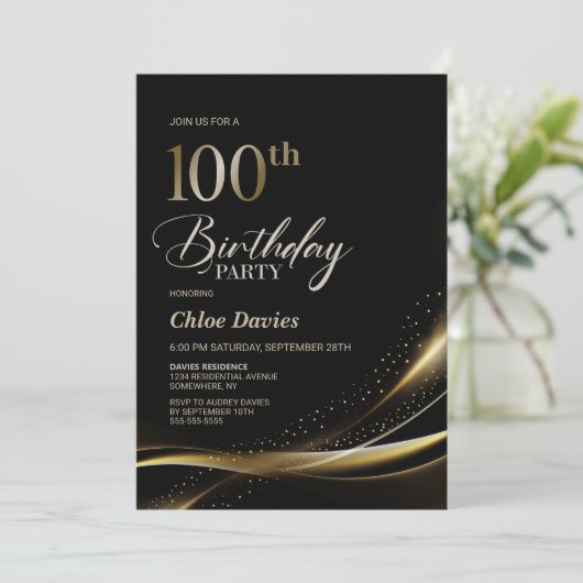 Modern zwart en goud 100ste verjaardagsfeest kaart (Staand voorkant)