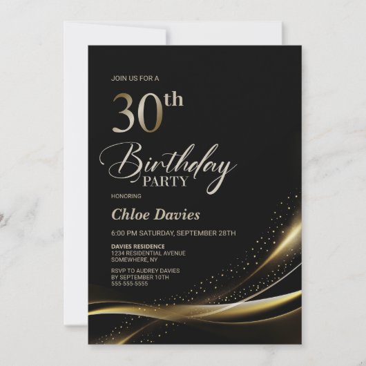 Modern zwart en goud 30e verjaardagsfeest kaart (Voorkant)