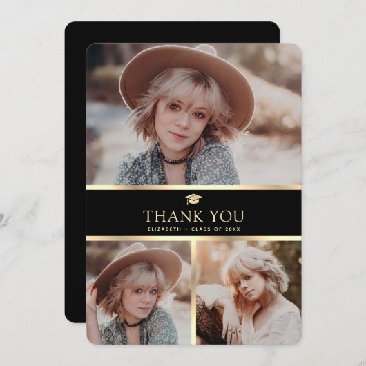 Modern Zwart en Goud 3 Foto Afstuderen Bedankkaart (Voorkant / Achterkant)