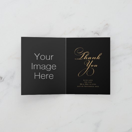 Modern Zwart en Goud 3 Foto Bruiloft Bedankkaart (Binnen)