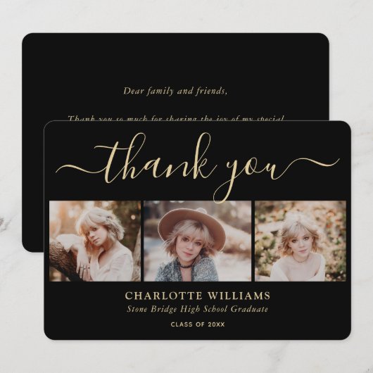 Modern zwart en goud 3 foto collage Afstuderen Bedankkaart (Voorkant / Achterkant)