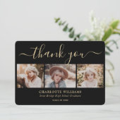 Modern zwart en goud 3 foto collage Afstuderen Bedankkaart (Staand voorkant)