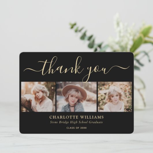 Modern zwart en goud 3 foto collage Afstuderen Bedankkaart (Staand voorkant)