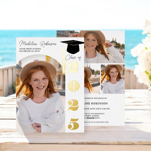 Modern zwart en goud 4 foto's Afstuderen Folie Uitnodiging