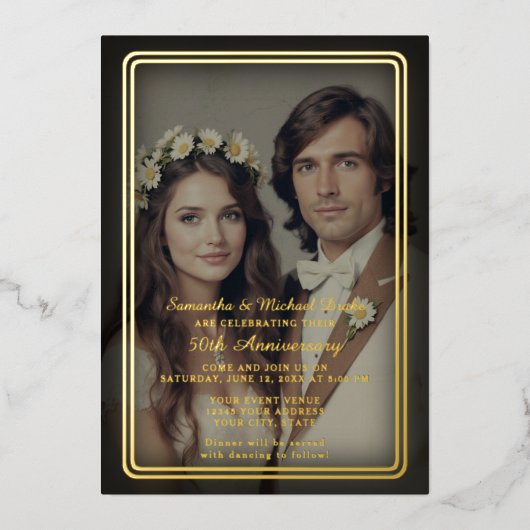 Modern  zwart en goud 50e Jubileum Folie Uitnodiging (Voorkant)