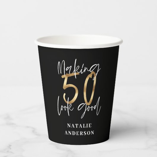 modern , zwart en goud - 50e verjaardag papieren bekers (Achterkant)