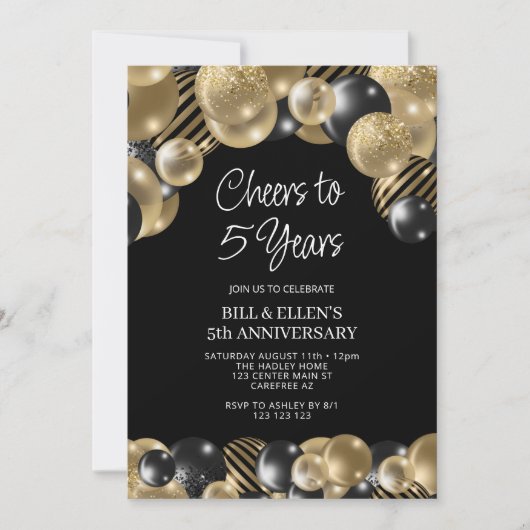 Modern Zwart en Goud 5e Jubileum Kaart (Voorkant)