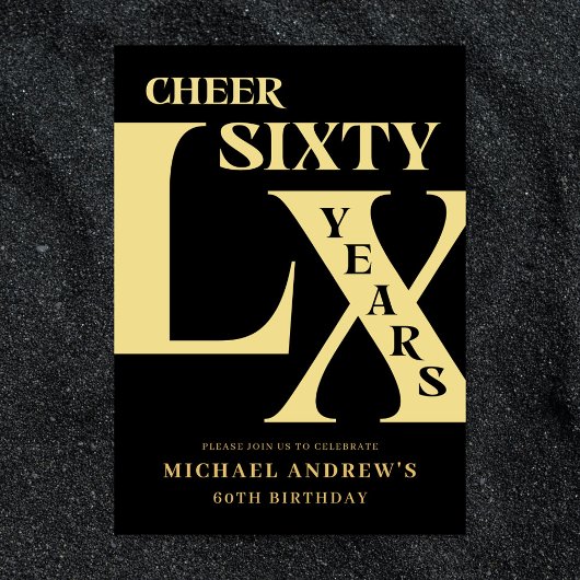Modern Zwart en Goud 60e Verjaardag Uitnodiging