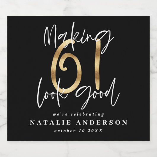 Modern zwart en goud 61ste verjaardag viering bier etiket (Enkel label)