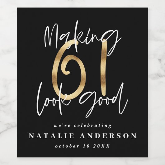 Modern zwart en goud 61ste verjaardag viering wijn etiket (Enkel label)