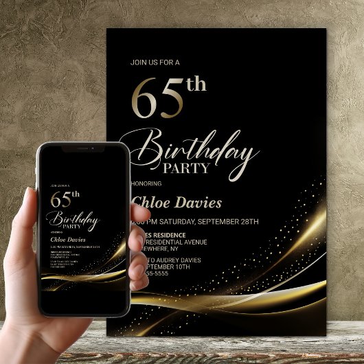 Modern zwart en goud 65ste verjaardagsfeest kaart
