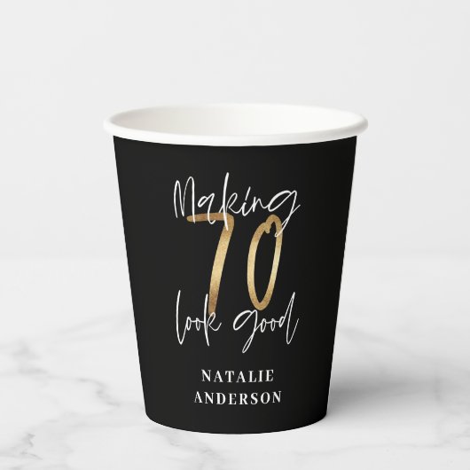 modern , zwart en goud - 70e verjaardag papieren bekers (Achterkant)