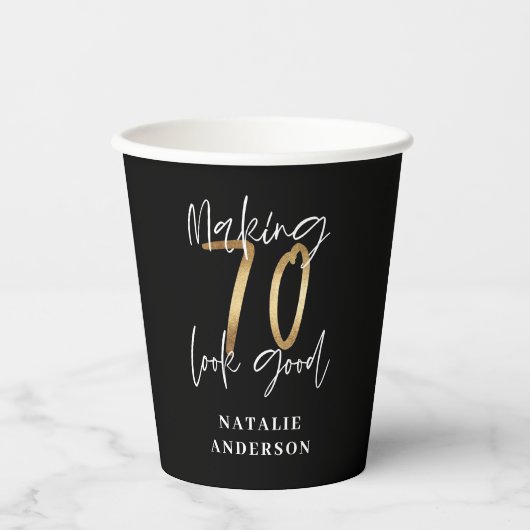 modern , zwart en goud - 70e verjaardag papieren bekers (Voorkant)