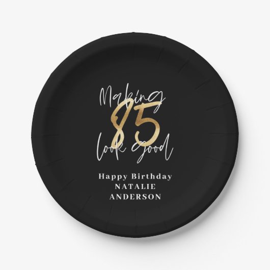 modern , zwart en goud - 85e verjaardag papieren bordje (Voorkant)