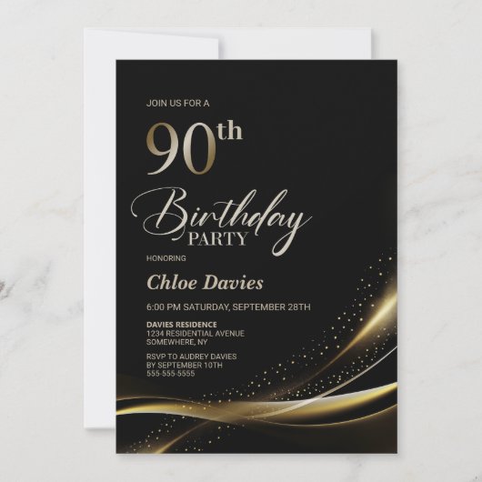 Modern zwart en goud 90ste verjaardagsfeest kaart (Voorkant)