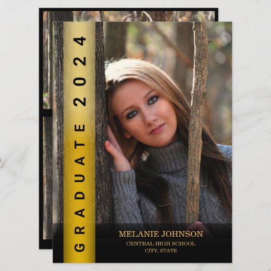 Modern Zwart en Goud Afstuderen Invitation Kaart (Voorkant / Achterkant)