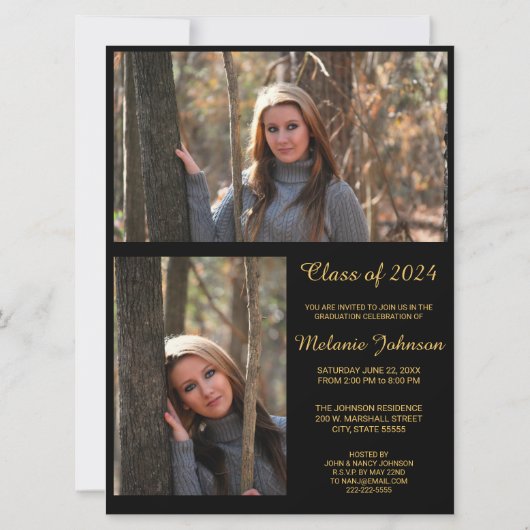 Modern Zwart en Goud Afstuderen Invitation Kaart (Achterkant)