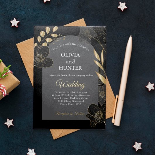 Modern Zwart en Goud Bloemen Foto Bruiloft Folie Folie Uitnodiging