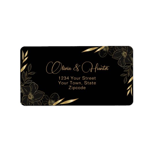 Modern Zwart en Goud Bloemen trouwadres Etiket (Voorkant)