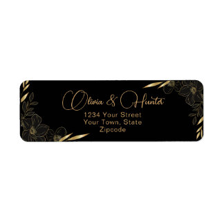 Modern Zwart en Goud Bloemen trouwadres Etiket