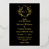 Modern zwart en goud botanische monogram bruiloft folie uitnodiging (Voorkant)