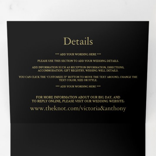 Modern zwart en goud bruiloft suite drieluik uitnodiging (Binnenzijde eerst)