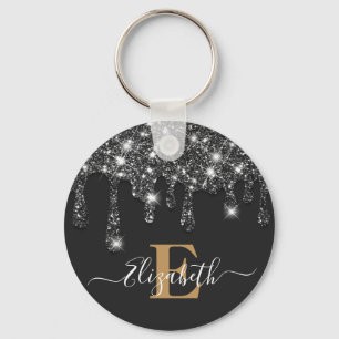 Modern zwart en goud Drips Glitter Monogram Sleutelhanger