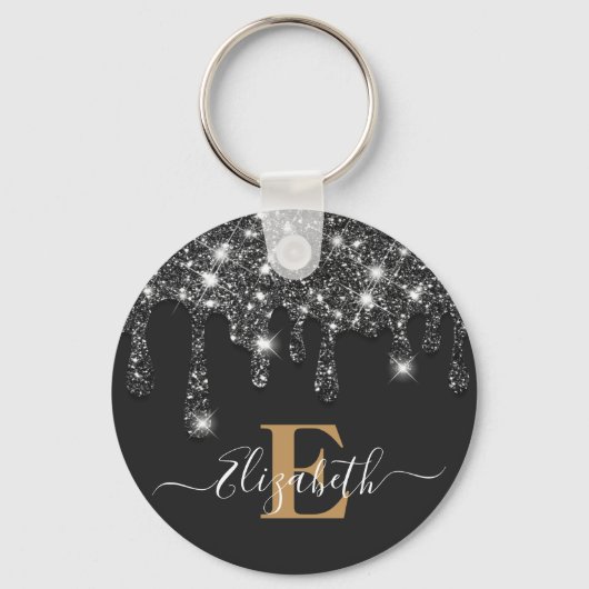 Modern zwart en goud Drips Glitter Monogram Sleutelhanger (Voorkant)