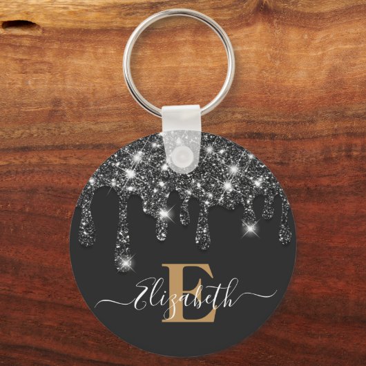 Modern zwart en goud Drips Glitter Monogram Sleutelhanger (Achterkant)
