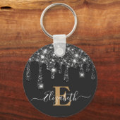 Modern zwart en goud Drips Glitter Monogram Sleutelhanger (Voorkant)
