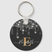 Modern zwart en goud Drips Glitter Monogram Sleutelhanger (Achterkant)