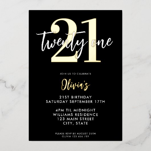 Modern Zwart en Goud Elegant 21e Verjaardag Folie Uitnodiging (Voorkant)