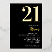 Modern Zwart en Goud Elegant 21e Verjaardag Folie Uitnodiging (Voorkant)