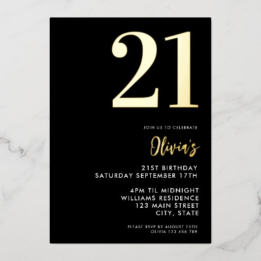 Modern Zwart en Goud Elegant 21e Verjaardag Folie Uitnodiging (Voorkant)